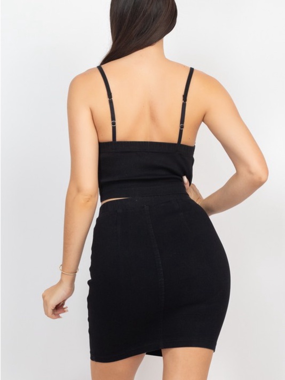 Black Denim Rhinestone Crop Top and Mini Skirt Set - Picture 5 of 7